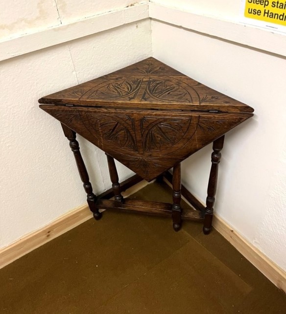 Victorian Triangular Carved Oak Drop Leaf Corner Table