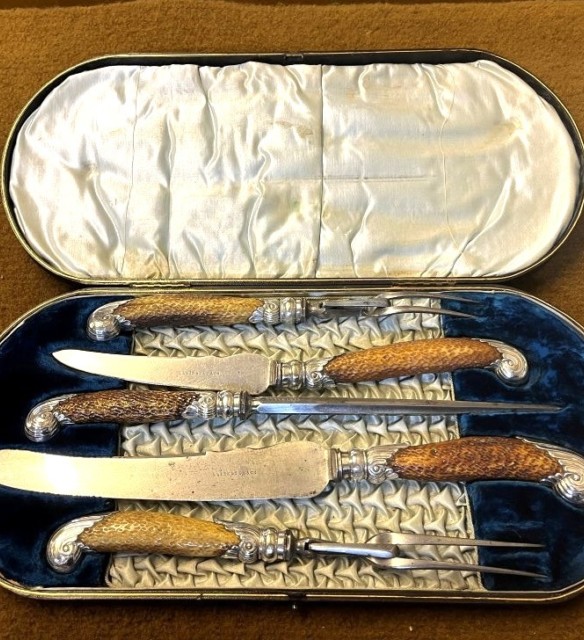 Antique Elkington & Co 5 Piece Stag Horn Handled Carving Set
