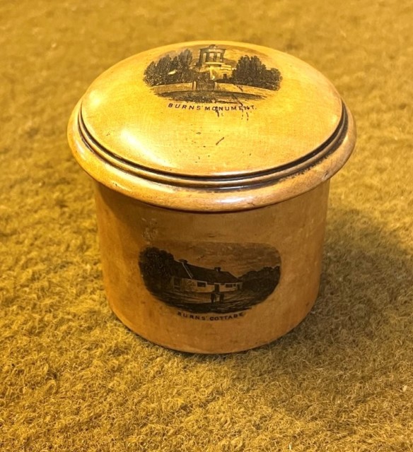 Antique Mauchline Ware Cylindrical Lidded Pot, Burns Monument, Burns Cottage and Alloway Kirk