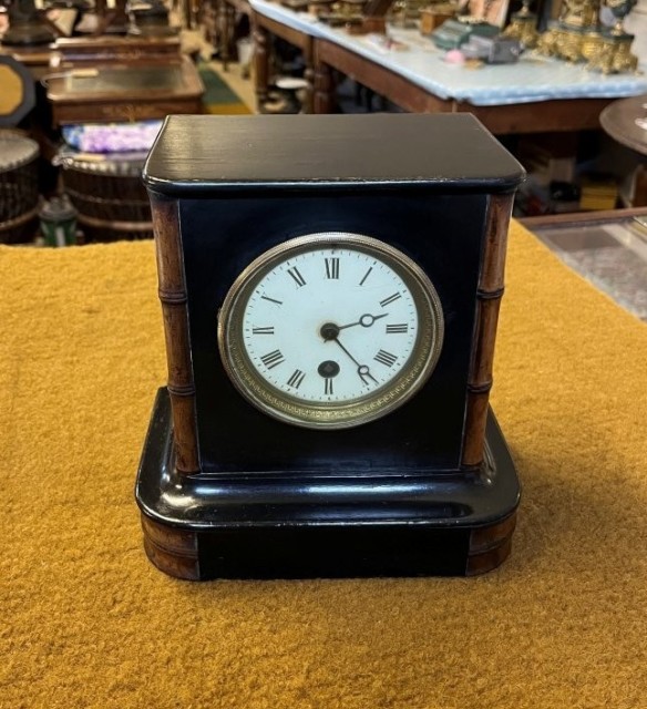 Edwardian Ebonised Wood and Faux Bamboo Mantle Clock