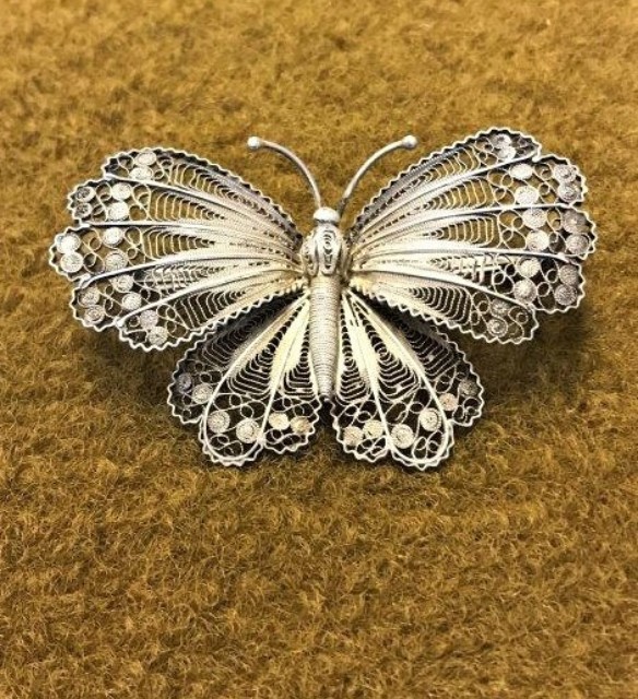 White Metal Filigree Butterfly Brooch