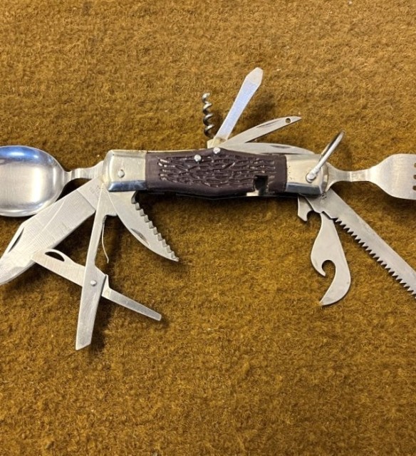 Vintage Camping Cutlery / Multi Tool Folding Knife In Leather Belt Mounted Holder