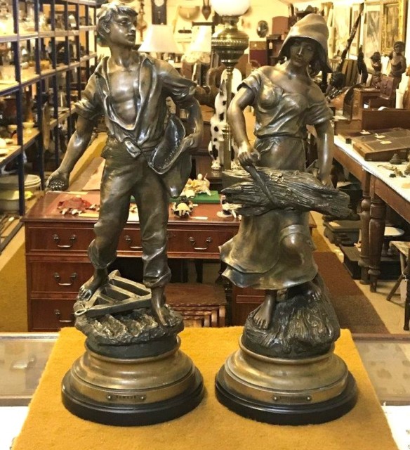 Antique Pair of French Bronzed Spelter Figures 'Semeur' and 'Botteleuse' (Sower and Baler) After Emile Rousseau (Sculptor)