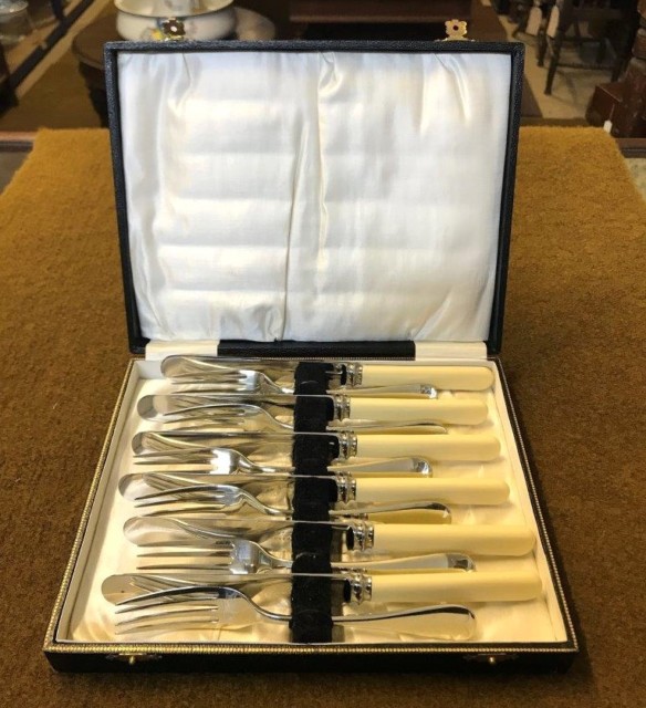 Vintage Boxed Set of 6 Fish Knives and 6 Forks with Celluloid Handles Marked W Jolly Inverurie Firth Brearley Stainless