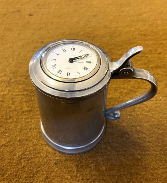 Vintage French Pewter Lidded Tankard with Clock in the Lid By Les Etains du Manoir Paris France