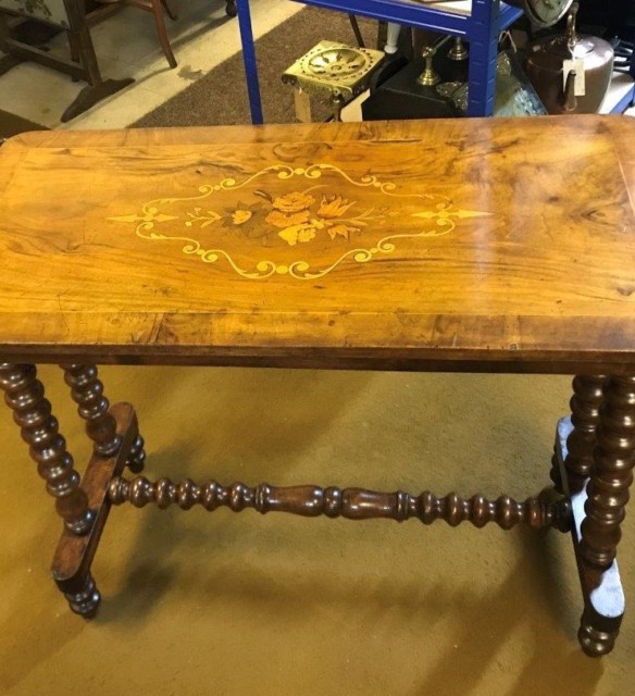 Victorian Inlaid Walnut Hall / Console Table Bobbin Turned Legs and Stretchers