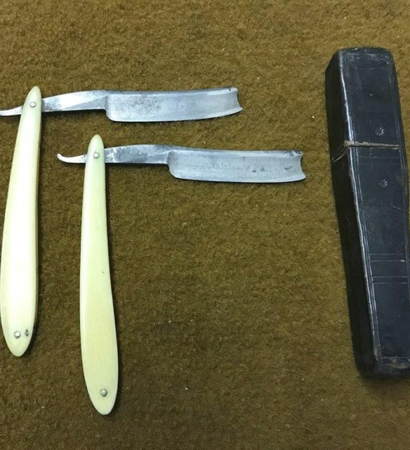 Antique Pair of W&T Marsh's Standard Cut Throat Razors in Original Leather Bound Double Coffin Box