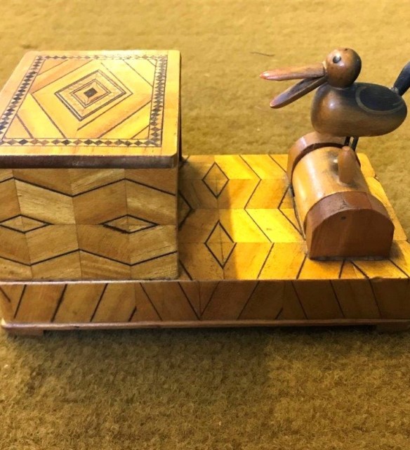 Vintage Pecking Bird / Marquetry Box Cigarette Dispenser