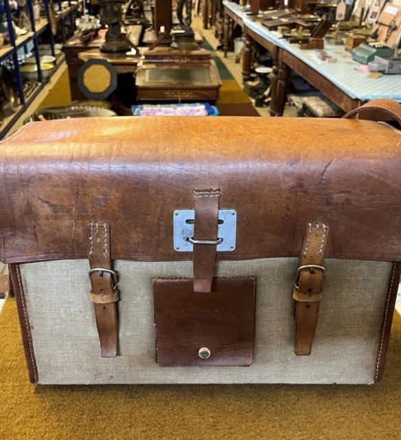 Vintage Swiss Army Style Leather and Canvas Fold Out Messenger Bag