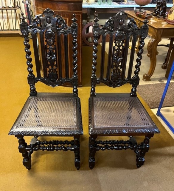 Antique Pair of Carved Oak Hall / Bedroom Chairs