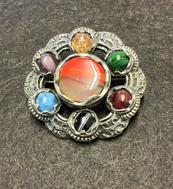 Vintage Scottish Brooch Silver Tone with Faux Agate Stones