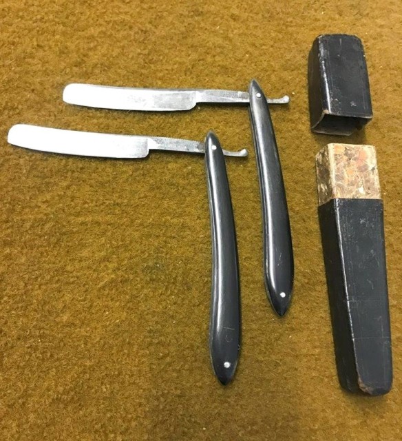 Antique Pair of Rotheram & Bagshaw Cut Throat Razors in Original Leather Bound Double Coffin Box