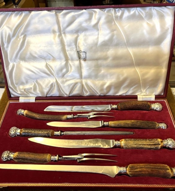 Vintage 7 Piece Horn Handled Carving Set by Harrod's Ltd Knightsbridge SW London