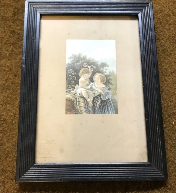 Victorian George Baxter Print "The Little Gardeners" With Original Impressed Stamp